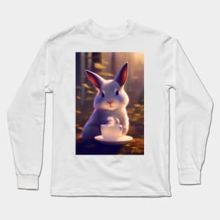 Cute White Rabbit with a mug cup of morning coffee Long Sleeve T-Shirt